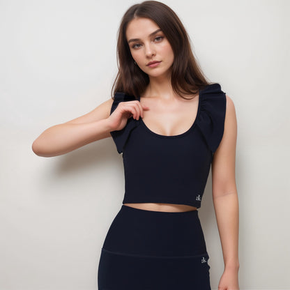 Anna-Kaci Active Women's Ribbed Scoop Neck Crop Top with Flutter Shoulder Details and Seamless Fitted Design