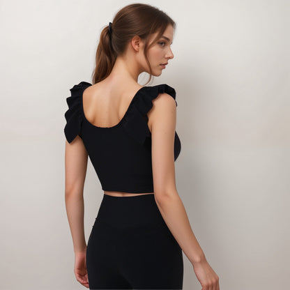 Anna-Kaci Active Women's Ribbed Scoop Neck Crop Top with Flutter Shoulder Details and Seamless Fitted Design