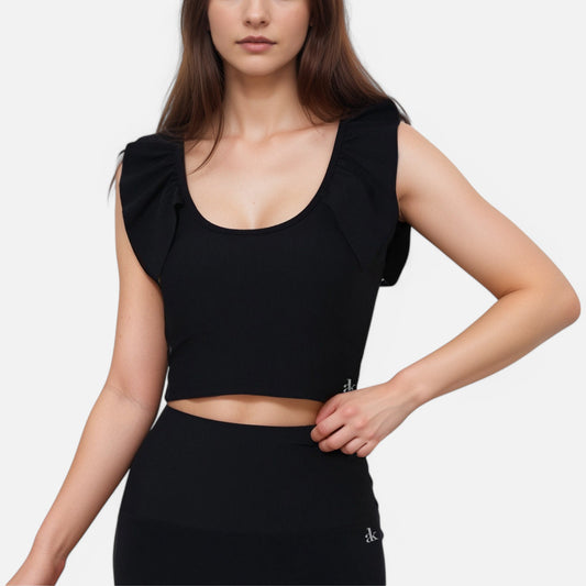 Anna-Kaci Active Women's Ribbed Scoop Neck Crop Top with Flutter Shoulder Details and Seamless Fitted Design