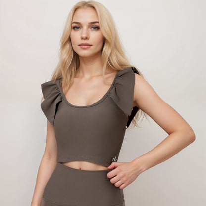 Anna-Kaci Active Women's Ribbed Scoop Neck Crop Top with Flutter Shoulder Details and Seamless Fitted Design