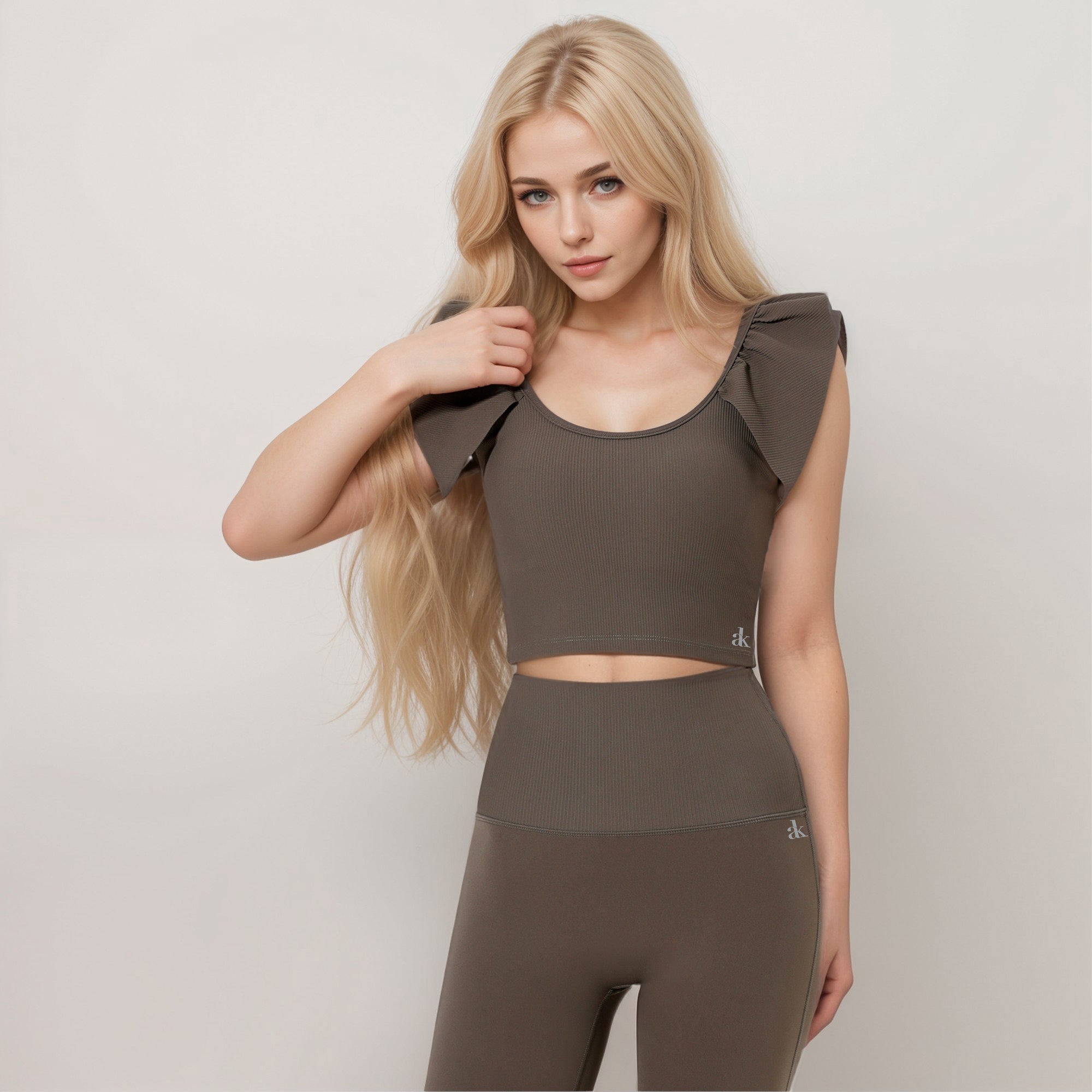 Anna-Kaci Active Women's Ribbed Scoop Neck Crop Top with Flutter Shoulder Details and Seamless Fitted Design
