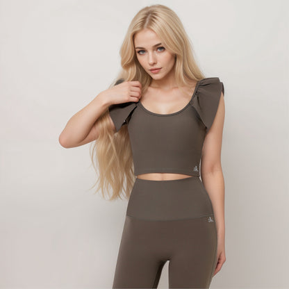Anna-Kaci Active Women's Ribbed Scoop Neck Crop Top with Flutter Shoulder Details and Seamless Fitted Design