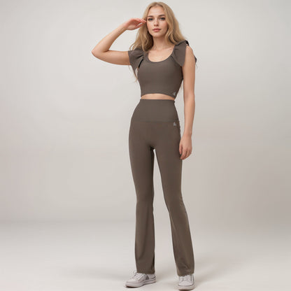 Anna-Kaci Active Women's Ribbed Scoop Neck Crop Top with Flutter Shoulder Details and Seamless Fitted Design