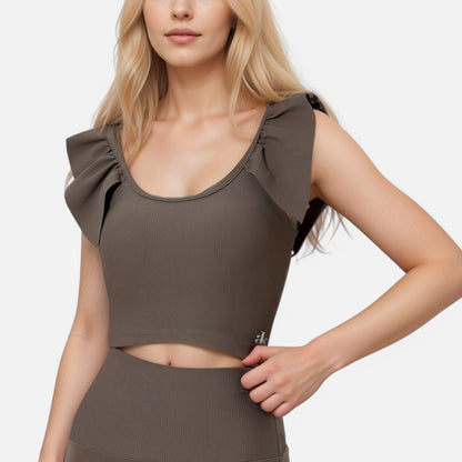 Anna-Kaci Active Women's Ribbed Scoop Neck Crop Top with Flutter Shoulder Details and Seamless Fitted Design