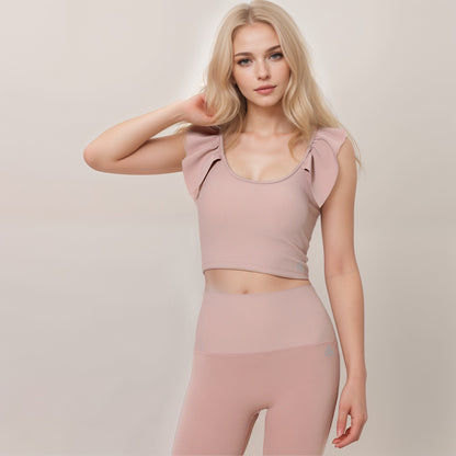 Anna-Kaci Active Women's Ribbed Scoop Neck Crop Top with Flutter Shoulder Details and Seamless Fitted Design