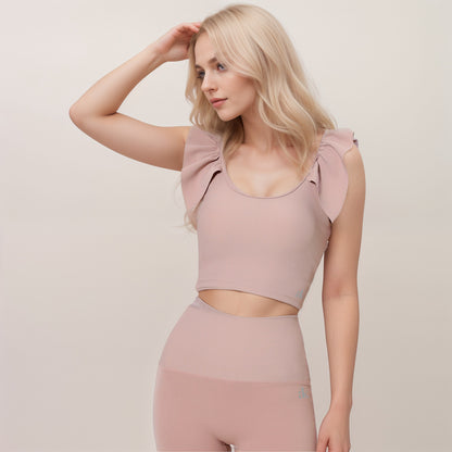 Anna-Kaci Active Women's Ribbed Scoop Neck Crop Top with Flutter Shoulder Details and Seamless Fitted Design