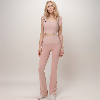 Anna-Kaci Active Women's Ribbed Scoop Neck Crop Top with Flutter Shoulder Details and Seamless Fitted Design