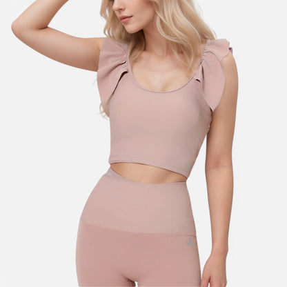 Anna-Kaci Active Women's Ribbed Scoop Neck Crop Top with Flutter Shoulder Details and Seamless Fitted Design