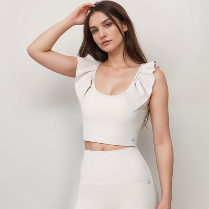 Anna-Kaci Active Women's Ribbed Scoop Neck Crop Top with Flutter Shoulder Details and Seamless Fitted Design