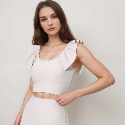 Anna-Kaci Active Women's Ribbed Scoop Neck Crop Top with Flutter Shoulder Details and Seamless Fitted Design