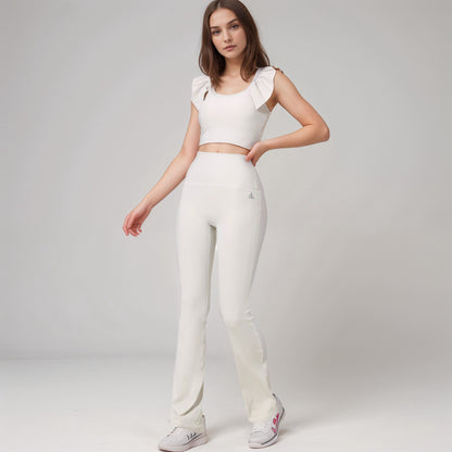 Anna-Kaci Active Women's Ribbed Scoop Neck Crop Top with Flutter Shoulder Details and Seamless Fitted Design