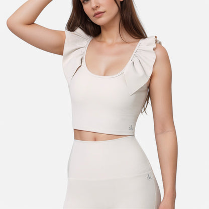 Anna-Kaci Active Women's Ribbed Scoop Neck Crop Top with Flutter Shoulder Details and Seamless Fitted Design