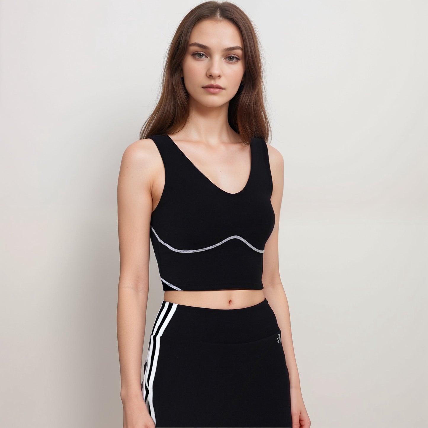 Anna-Kaci Active Women's Seamless V-Neck Crop Top with Contour Stitching and Contrast Piping Detail