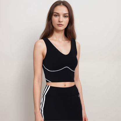 Anna-Kaci Active Women's Seamless V-Neck Crop Top with Contour Stitching and Contrast Piping Detail