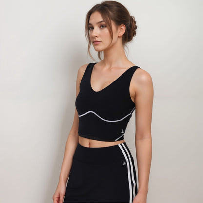 Anna-Kaci Active Women's Seamless V-Neck Crop Top with Contour Stitching and Contrast Piping Detail