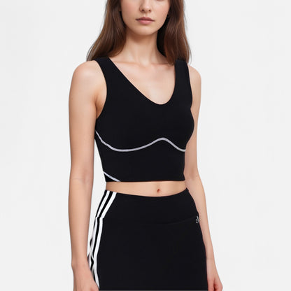 Anna-Kaci Active Women's Seamless V-Neck Crop Top with Contour Stitching and Contrast Piping Detail