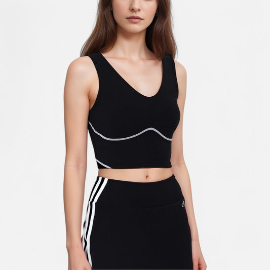 Anna-Kaci Active Women's Seamless V-Neck Crop Top with Contour Stitching and Contrast Piping Detail