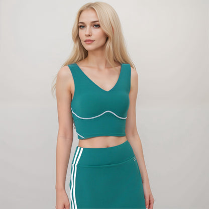 Anna-Kaci Active Women's Seamless V-Neck Crop Top with Contour Stitching and Contrast Piping Detail