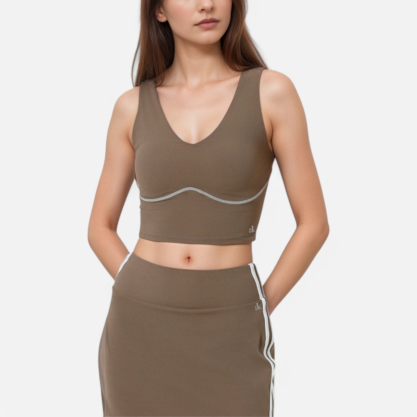 Anna-Kaci Active Women's Seamless V-Neck Crop Top with Contour Stitching and Contrast Piping Detail