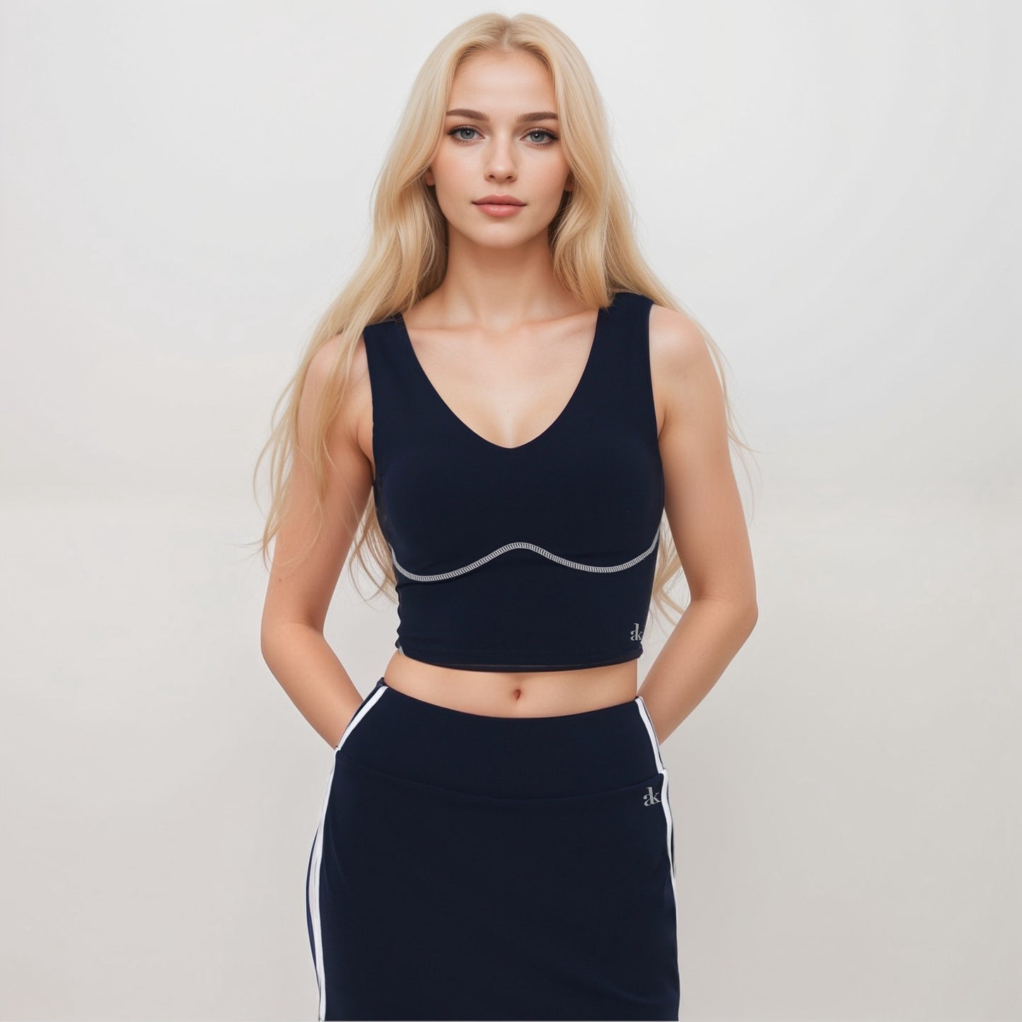 Anna-Kaci Active Women's Seamless V-Neck Crop Top with Contour Stitching and Contrast Piping Detail