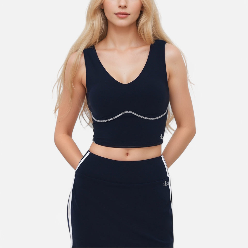 Anna-Kaci Active Women's Seamless V-Neck Crop Top with Contour Stitching and Contrast Piping Detail