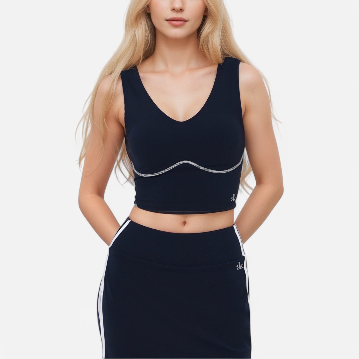 Anna-Kaci Active Women's Seamless V-Neck Crop Top with Contour Stitching and Contrast Piping Detail