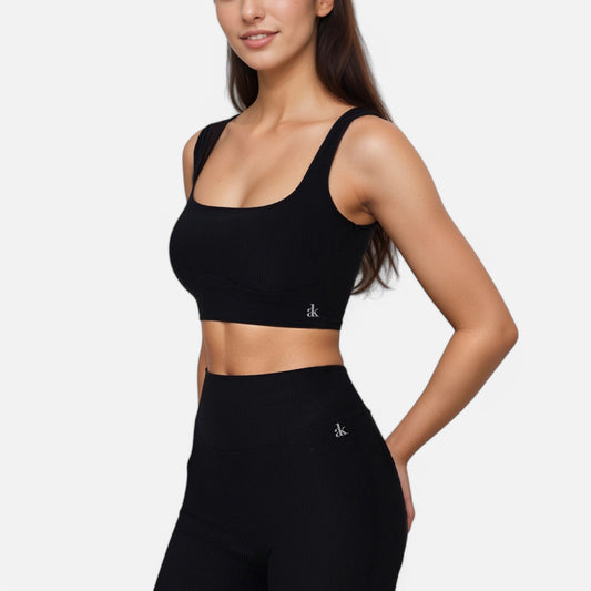 Anna-Kaci Active Women's Ribbed Seamless Scoop Neck Crop Top with Wide Straps and Subtle Contour Stitching