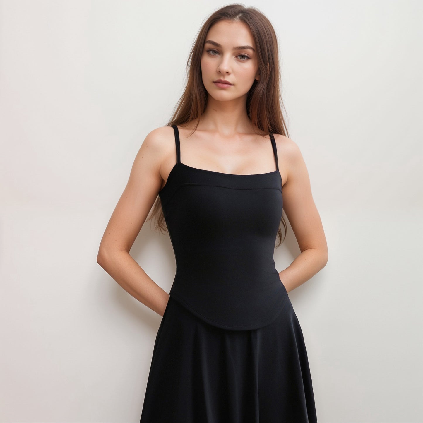 Anna-Kaci Active Women's Fitted Spaghetti Strap Asymmetrical Hem Tank Top with Seam Detail
