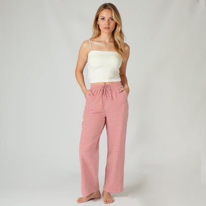 Anna-Kaci Lounge Women's Gingham Print Pajama Pants with High Waist Elastic Drawstring and Relaxed Straight Leg Fit