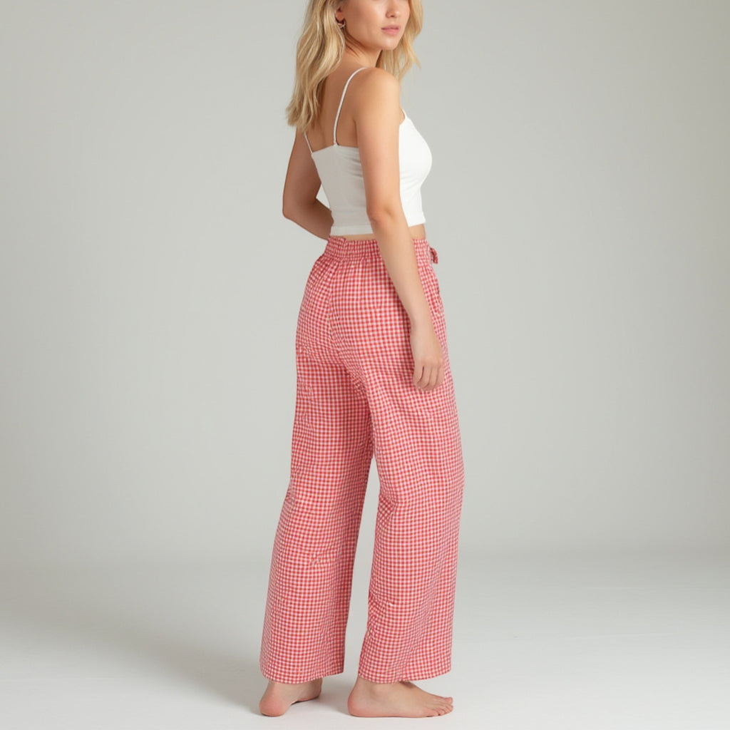 Anna-Kaci Lounge Women's Gingham Print Pajama Pants with High Waist Elastic Drawstring and Relaxed Straight Leg Fit