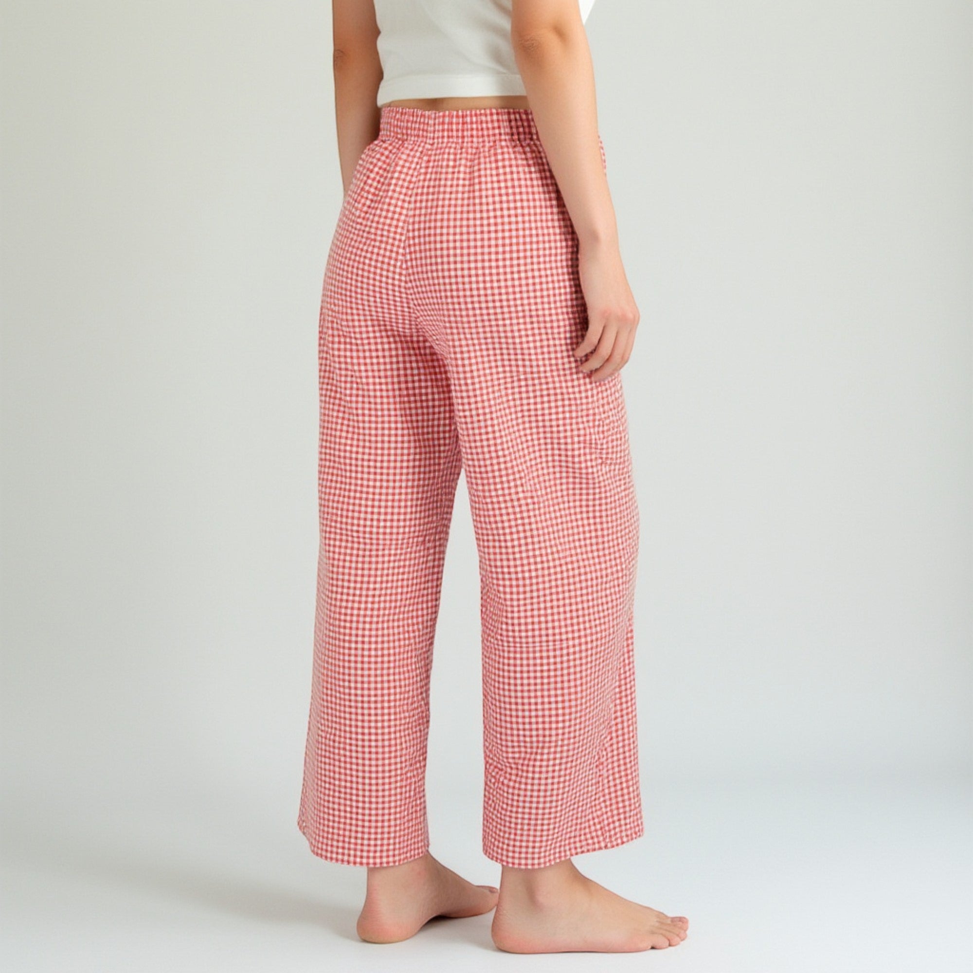 Anna-Kaci Lounge Women's Gingham Print Pajama Pants with High Waist Elastic Drawstring and Relaxed Straight Leg Fit