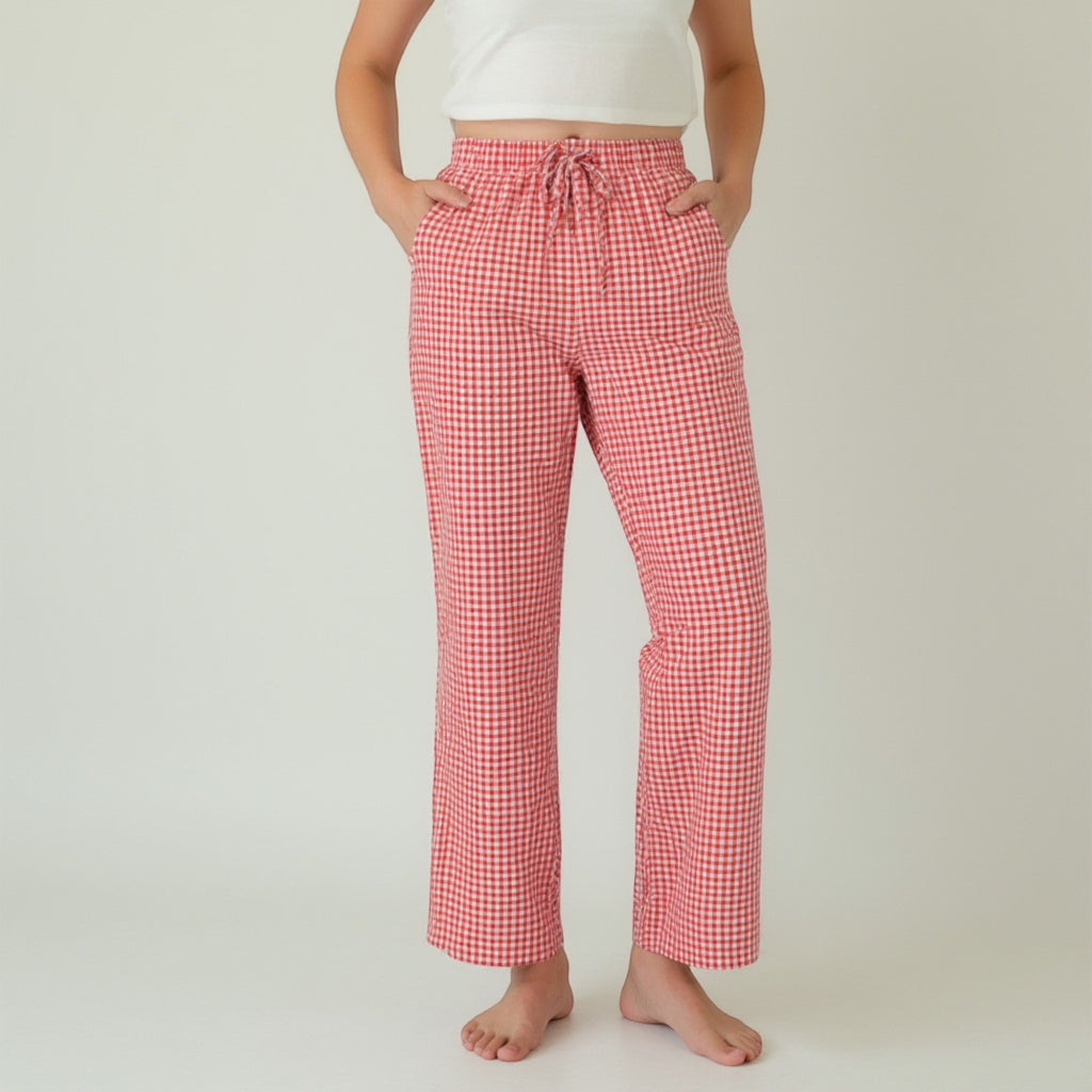 Anna-Kaci Lounge Women's Gingham Print Pajama Pants with High Waist Elastic Drawstring and Relaxed Straight Leg Fit