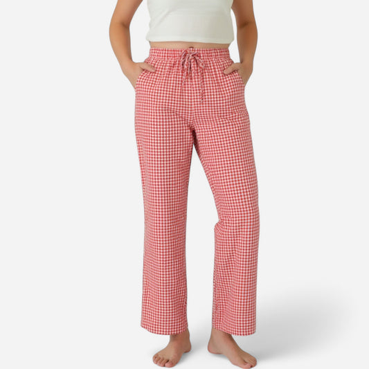 Anna-Kaci Lounge Women's Gingham Print Pajama Pants with High Waist Elastic Drawstring and Relaxed Straight Leg Fit