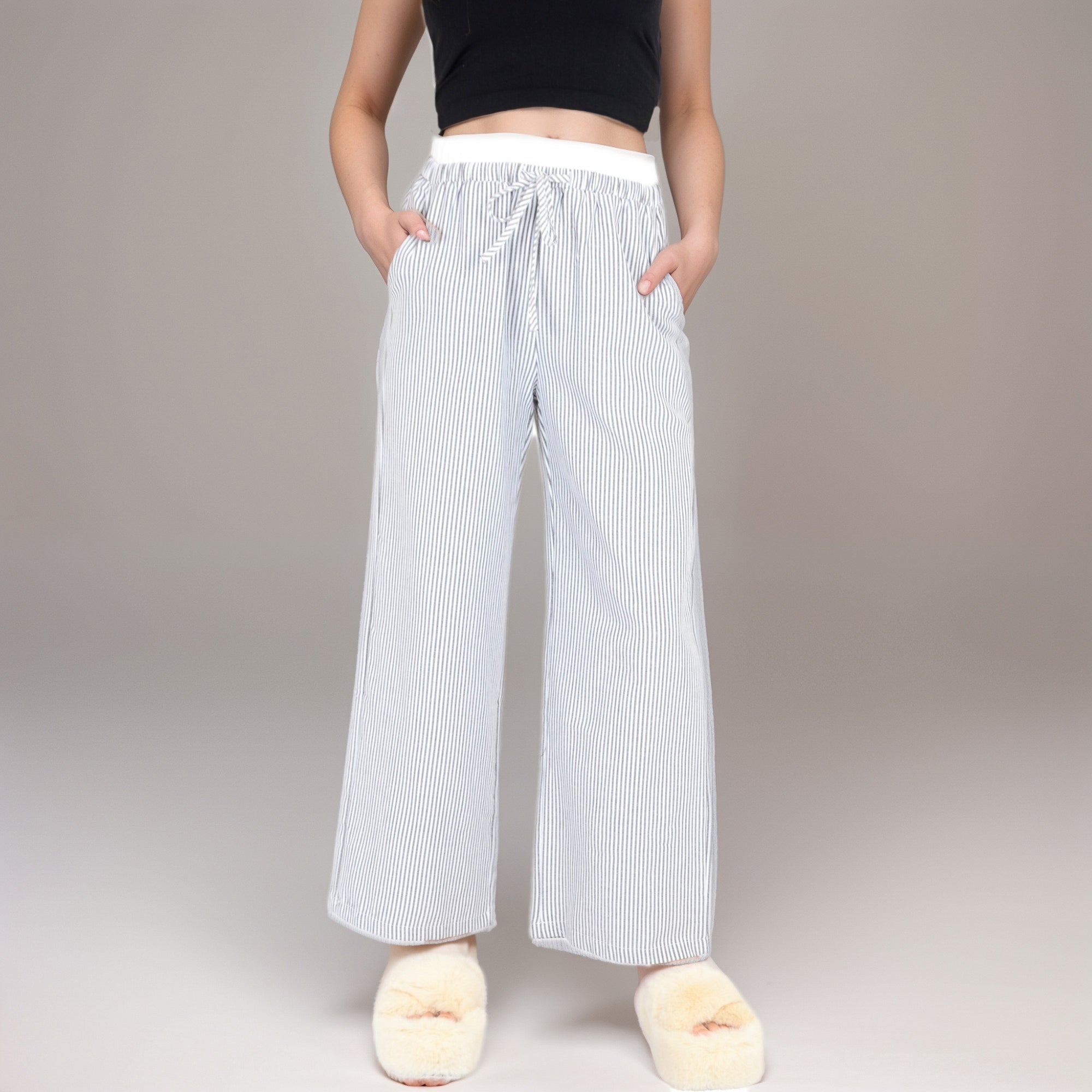 Anna-Kaci Women's Striped Wide Leg Lounge Pants with Elastic Waistband Adjustable Drawstring and Relaxed Full-Length Fit