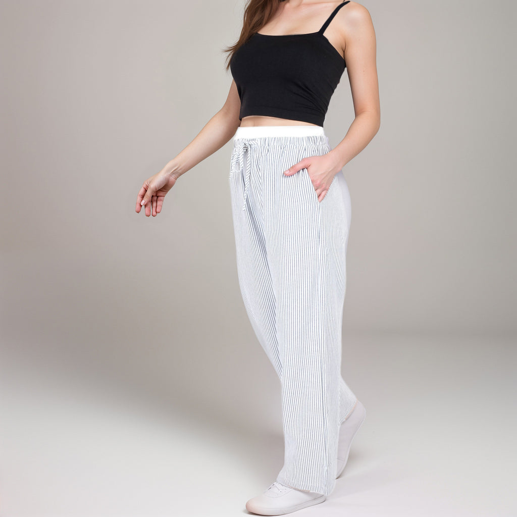 Anna-Kaci Women's Striped Wide Leg Lounge Pants with Elastic Waistband Adjustable Drawstring and Relaxed Full-Length Fit