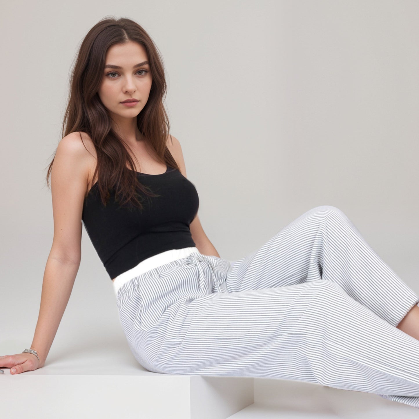 Anna-Kaci Women's Striped Wide Leg Lounge Pants with Elastic Waistband Adjustable Drawstring and Relaxed Full-Length Fit