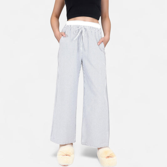 Anna-Kaci Women's Striped Wide Leg Lounge Pants with Elastic Waistband Adjustable Drawstring and Relaxed Full-Length Fit