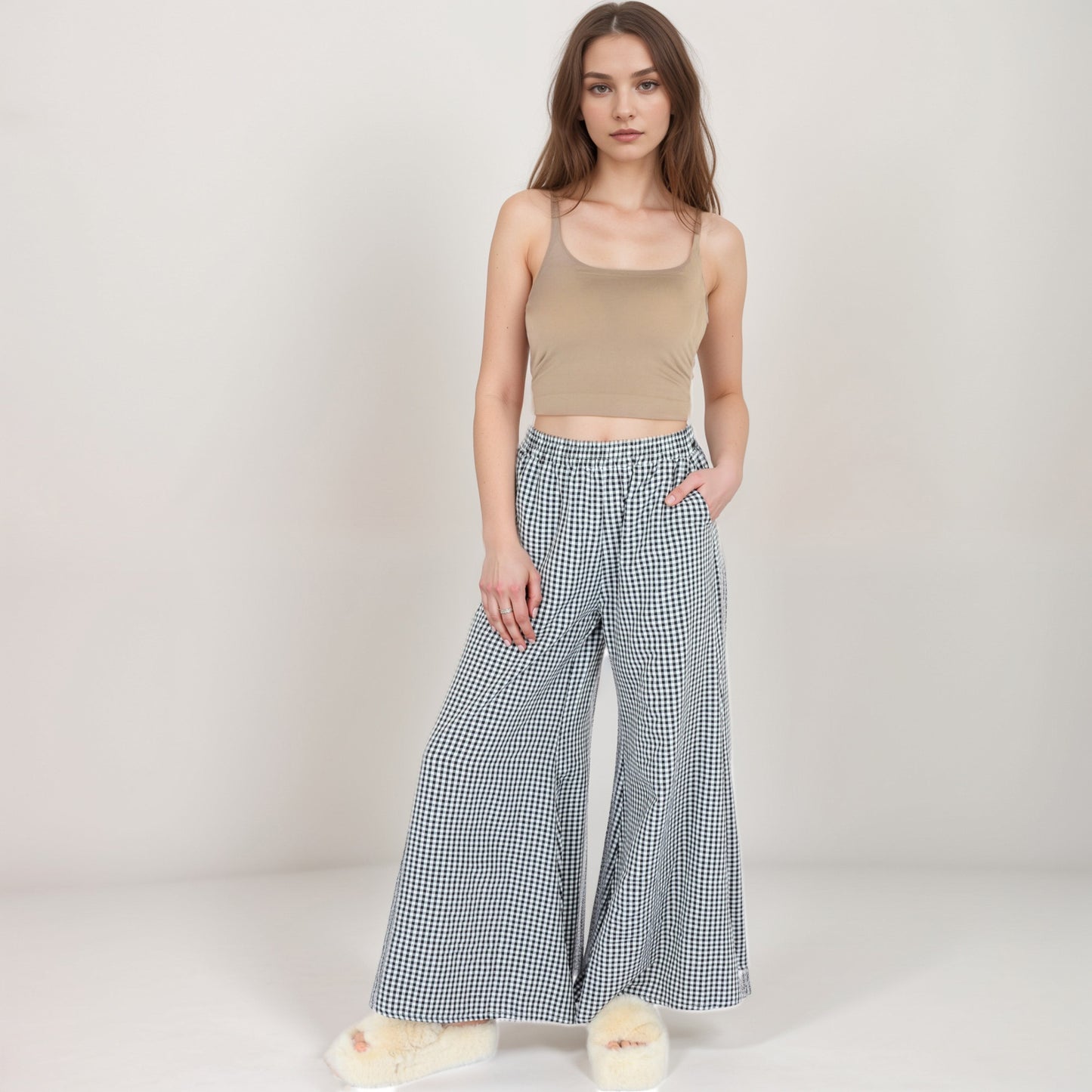 Anna-Kaci Women's Gingham Wide Leg Lounge Pants with Elastic Waistband Side Pockets and Soft Draped Full-Length Fit