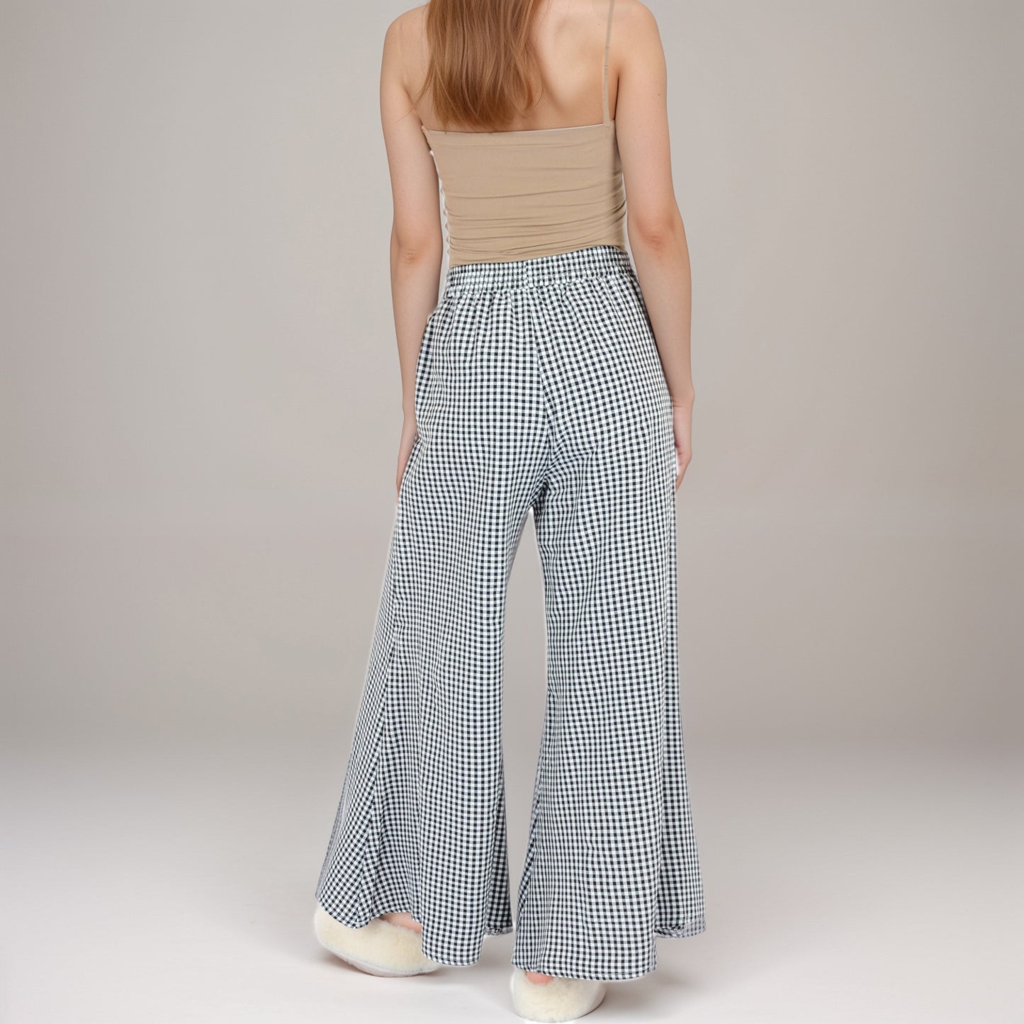 Anna-Kaci Women's Gingham Wide Leg Lounge Pants with Elastic Waistband Side Pockets and Soft Draped Full-Length Fit