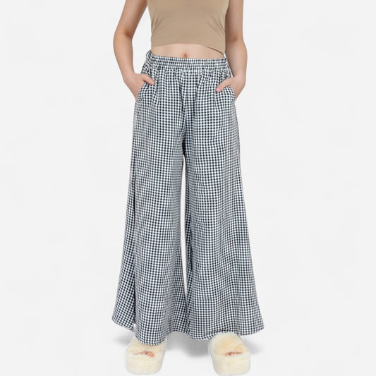 Anna-Kaci Women's Gingham Wide Leg Lounge Pants with Elastic Waistband Side Pockets and Soft Draped Full-Length Fit