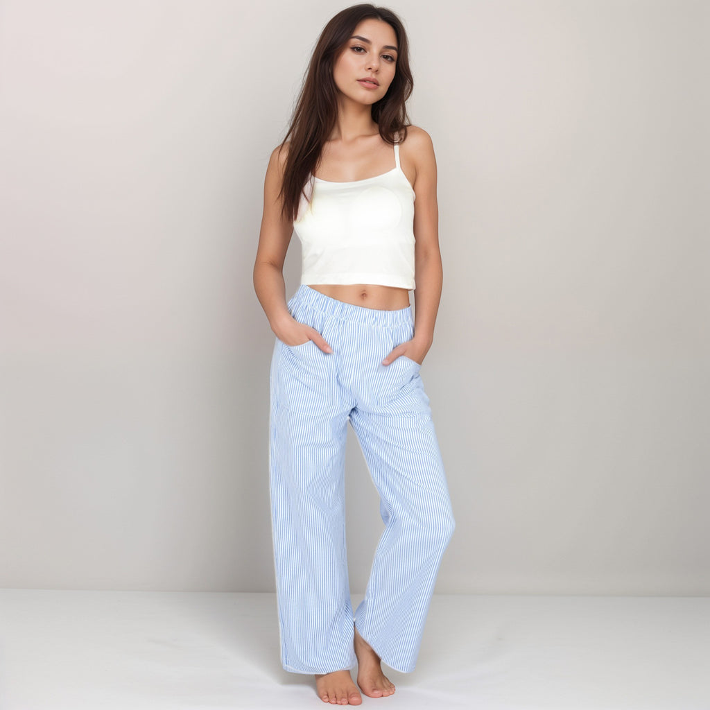 Anna-Kaci Women's Pink Pinstripe Lounge Pants with Elastic Waistband Large Front Patch Pockets and Relaxed Straight Leg Fit