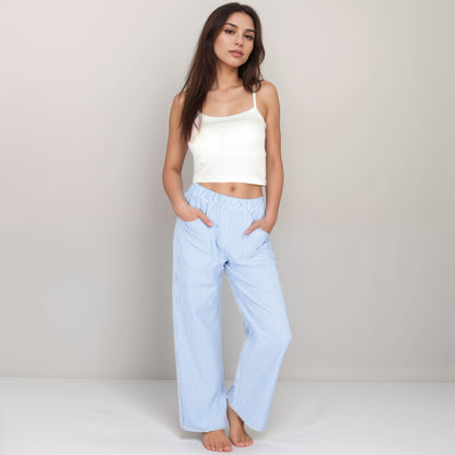 Anna-Kaci Women's Pink Pinstripe Lounge Pants with Elastic Waistband Large Front Patch Pockets and Relaxed Straight Leg Fit