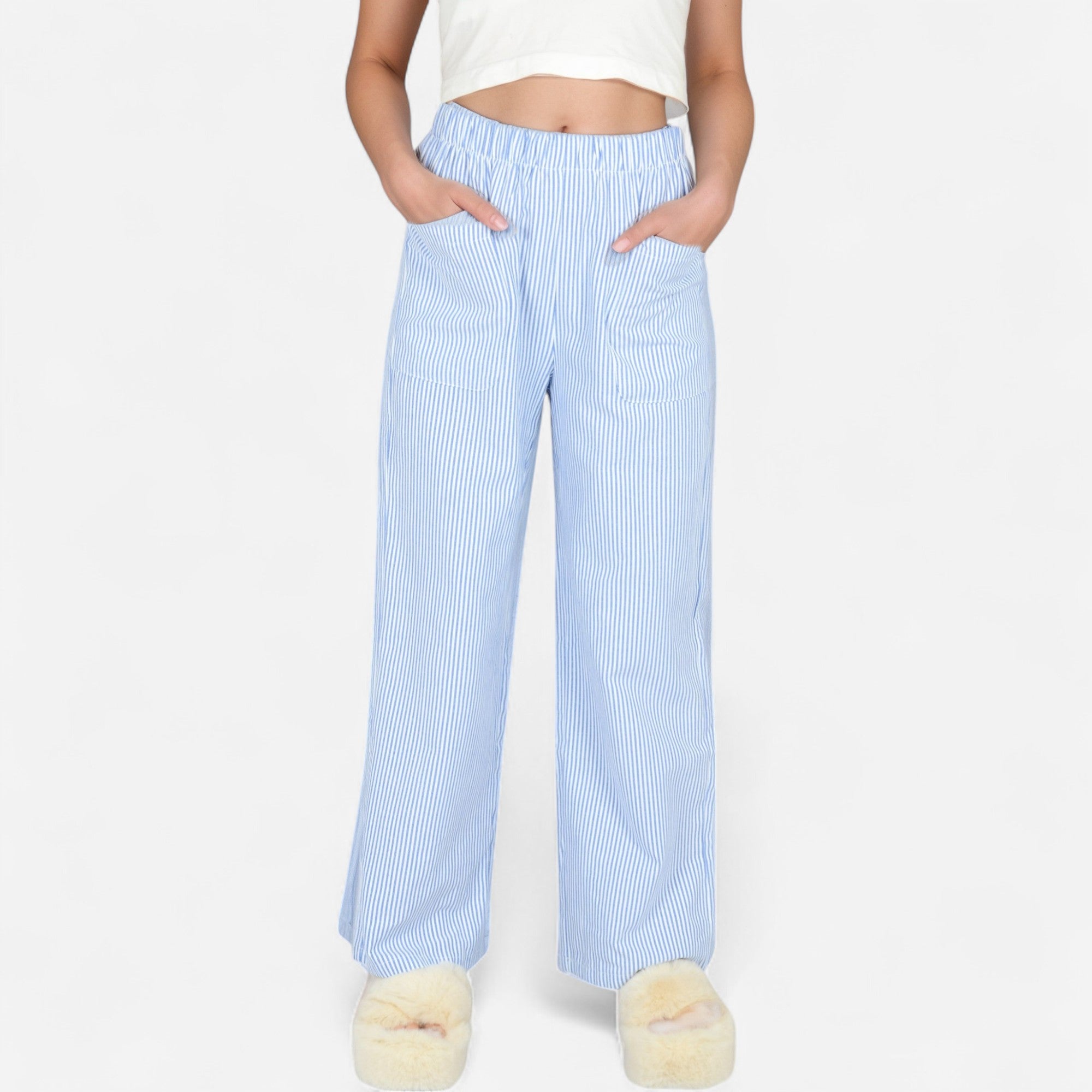 Anna-Kaci Women's Pink Pinstripe Lounge Pants with Elastic Waistband Large Front Patch Pockets and Relaxed Straight Leg Fit