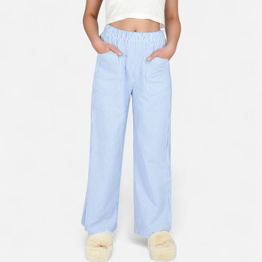 Anna-Kaci Women's Pink Pinstripe Lounge Pants with Elastic Waistband Large Front Patch Pockets and Relaxed Straight Leg Fit