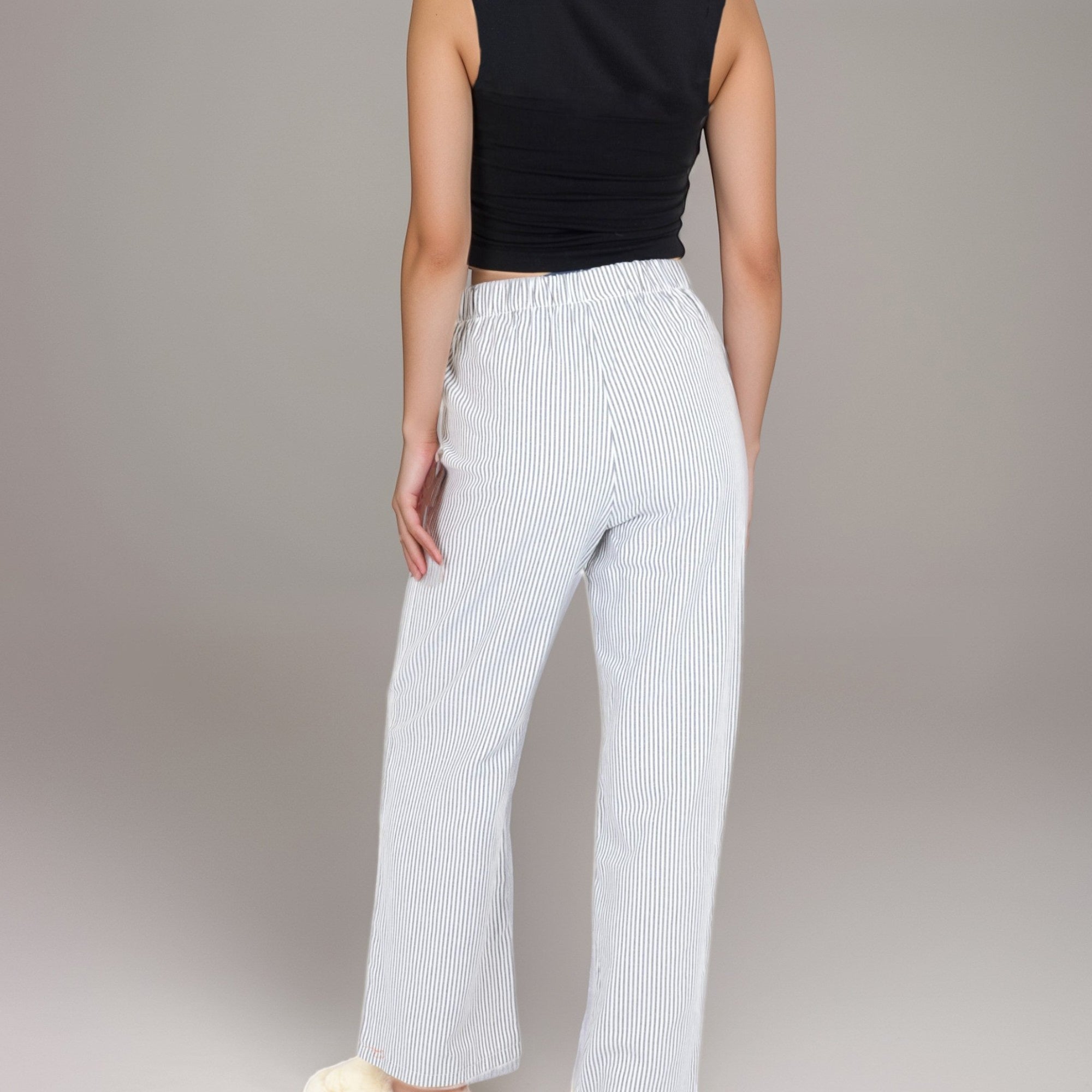 Anna-Kaci Women's Pink Pinstripe Lounge Pants with Elastic Waistband Large Front Patch Pockets and Relaxed Straight Leg Fit