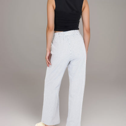 Anna-Kaci Women's Pink Pinstripe Lounge Pants with Elastic Waistband Large Front Patch Pockets and Relaxed Straight Leg Fit