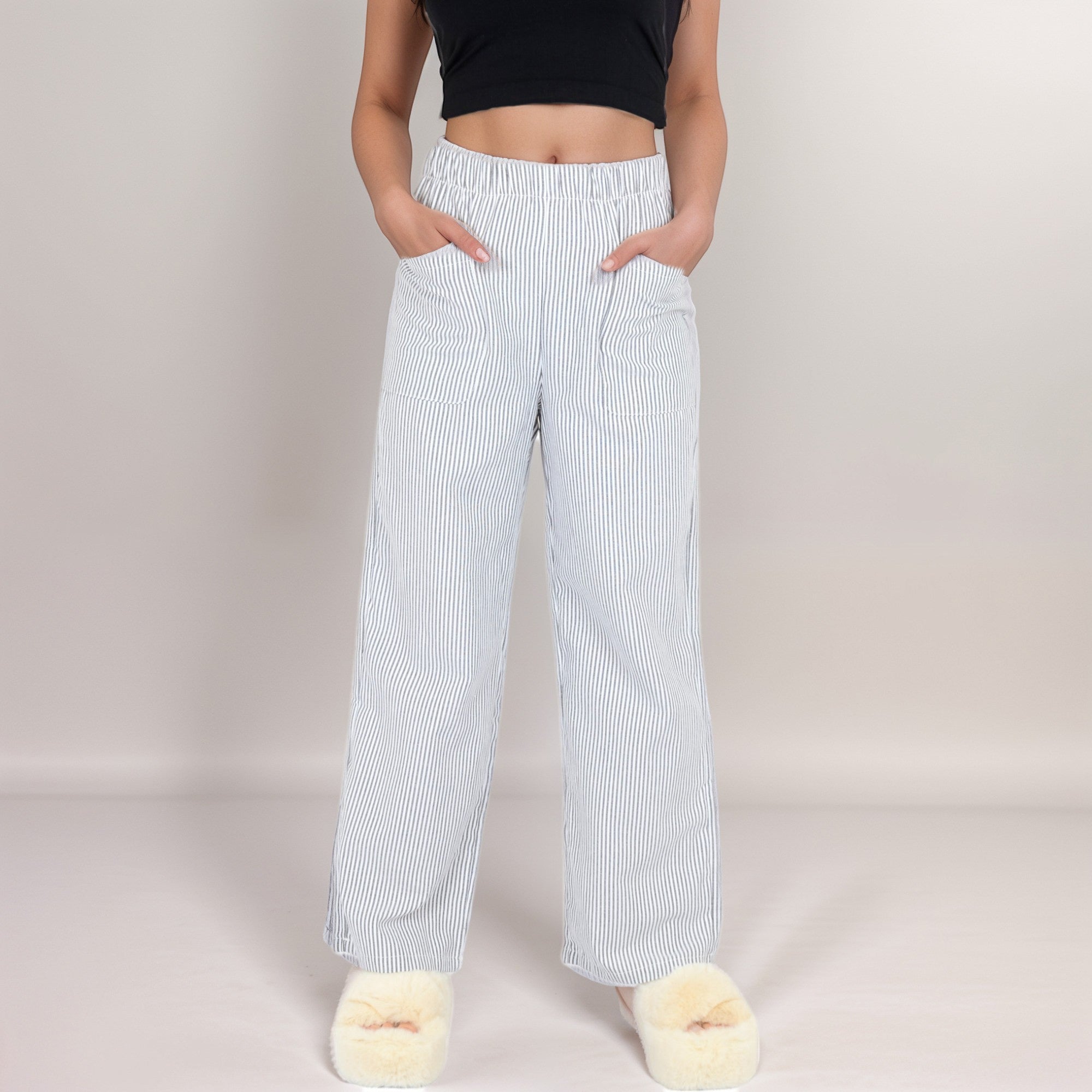 Anna-Kaci Women's Pink Pinstripe Lounge Pants with Elastic Waistband Large Front Patch Pockets and Relaxed Straight Leg Fit