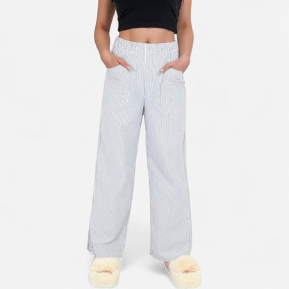 Anna-Kaci Women's Pink Pinstripe Lounge Pants with Elastic Waistband Large Front Patch Pockets and Relaxed Straight Leg Fit
