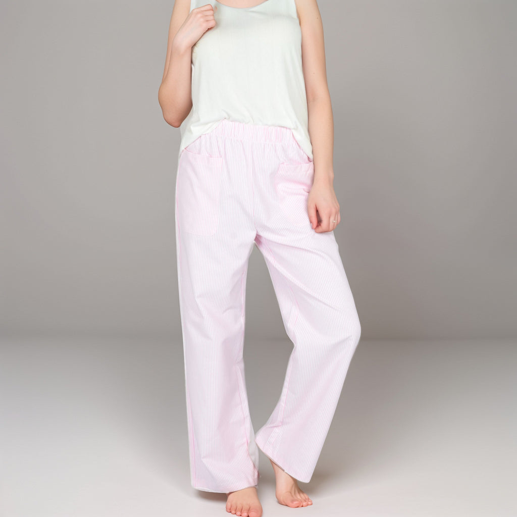 Anna-Kaci Women's Pink Pinstripe Lounge Pants with Elastic Waistband Large Front Patch Pockets and Relaxed Straight Leg Fit