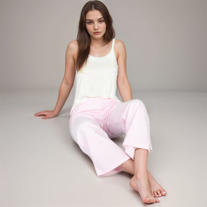 Anna-Kaci Women's Pink Pinstripe Lounge Pants with Elastic Waistband Large Front Patch Pockets and Relaxed Straight Leg Fit